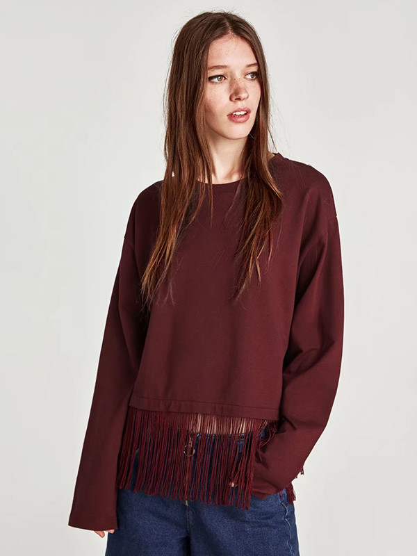 Fringed Wine Red Long Sleeve T Shirt Design(3-4 Days Delivery)