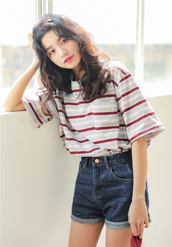 Korean O Neck Striped Loose T Shirt