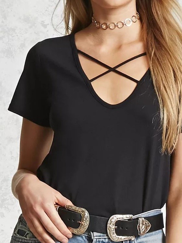 Simple Design V Neck Cross Strap Tee