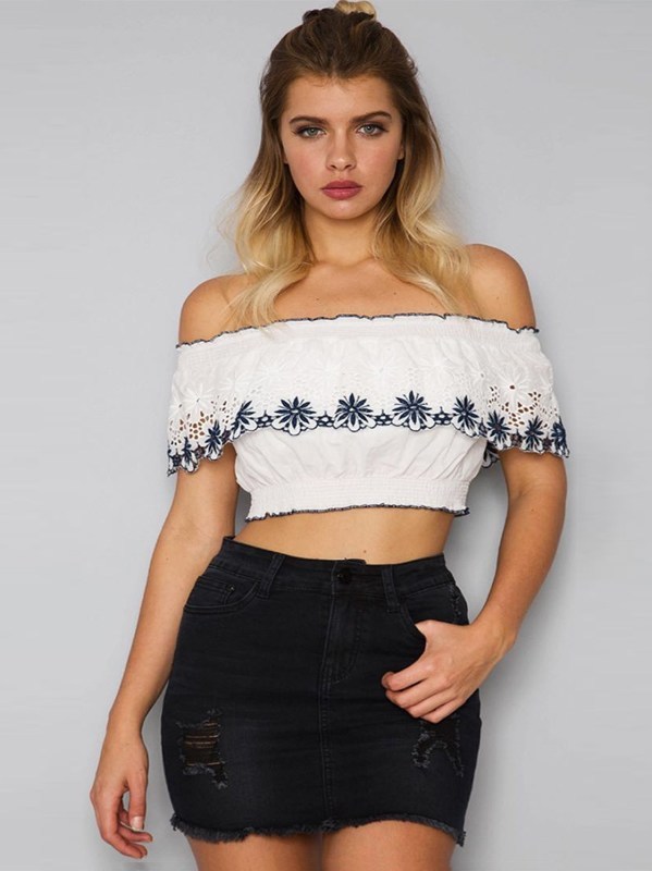 Sweet Embroidered Flower Off Shoulder Cropped Top