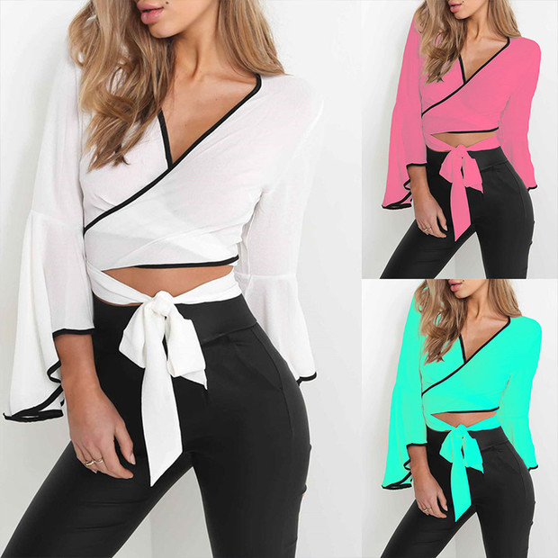 Stylish V Neck Flare Sleeve Bandage Shirt