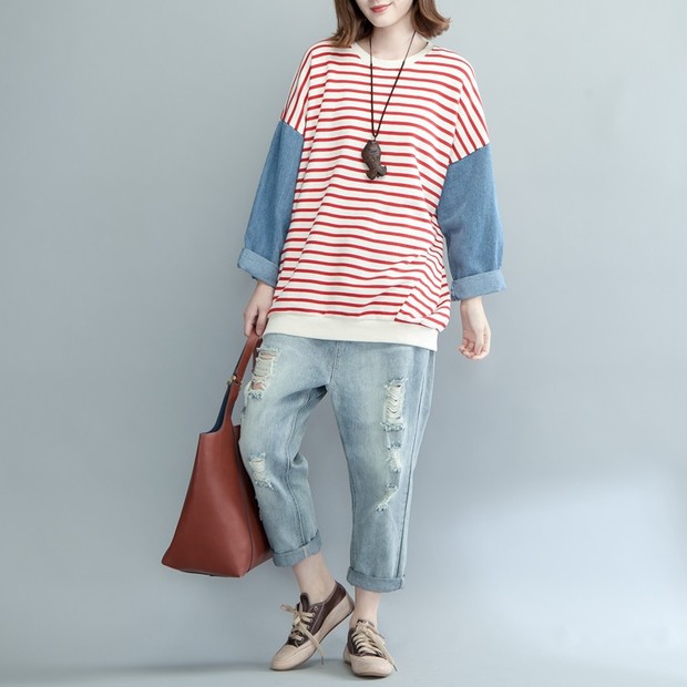 Simple Design Crew Neck Patchwork Stripe Shirt