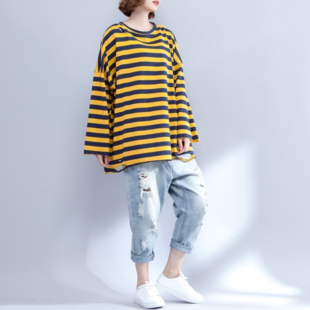 Fresh Crew Neck Bat Sleeve Stripe Shirt