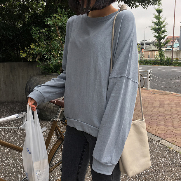 Classical Look Crew Neck Solid Loose Shirt