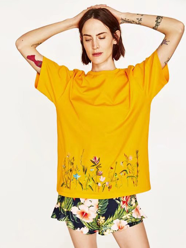 Embroidered O Neck Loose T Shirt Design(3-4 Days Delivery)