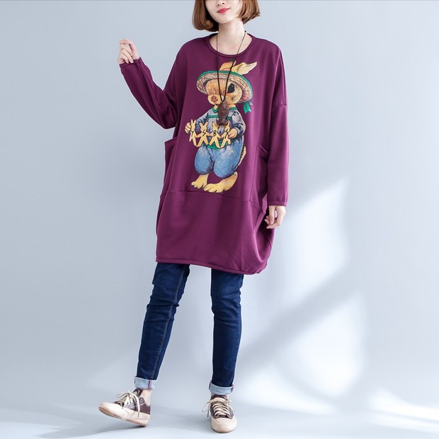 Oversize Crew Neck Bear Printing Long Shirt