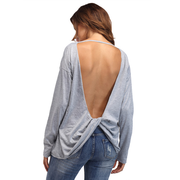 European Style Crew Neck Solid Backless Shirt