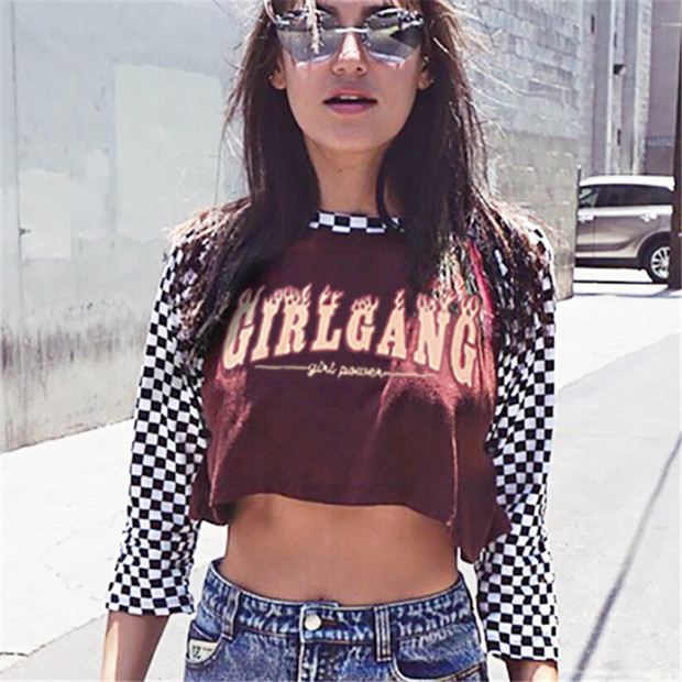 Fashion Crew Neck Patchwork Plaid Printing Short Shirt