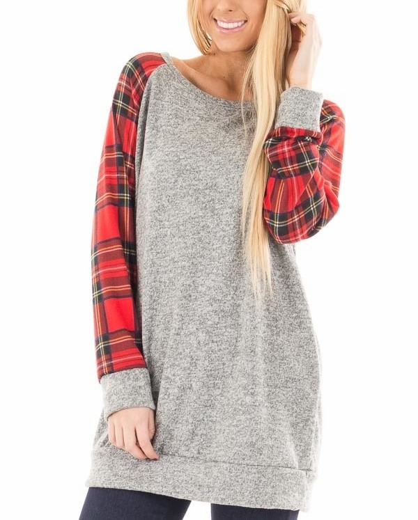 Classical Look Crew Neck Patchwork Plaid Long Shirt