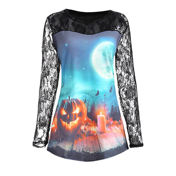 Individual Halloween Printed Lace Patchwork Long Tee