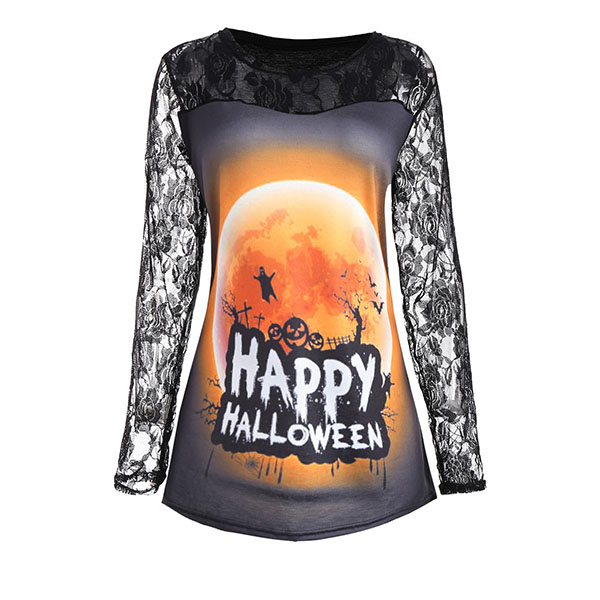 Euro Hollow Out Halloween Printed Lace Patchwork Tee