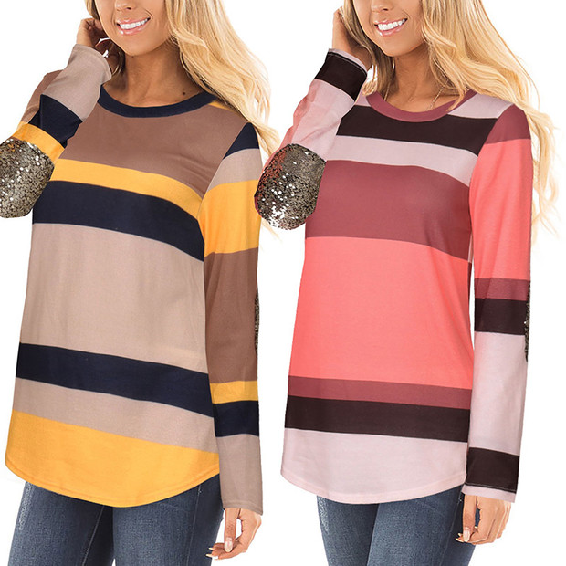 Sequined Patchwork Striped T Shirt Design