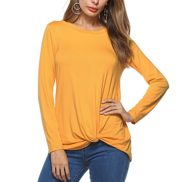 Knotted Solid Long Sleeve Women T Shirt Design