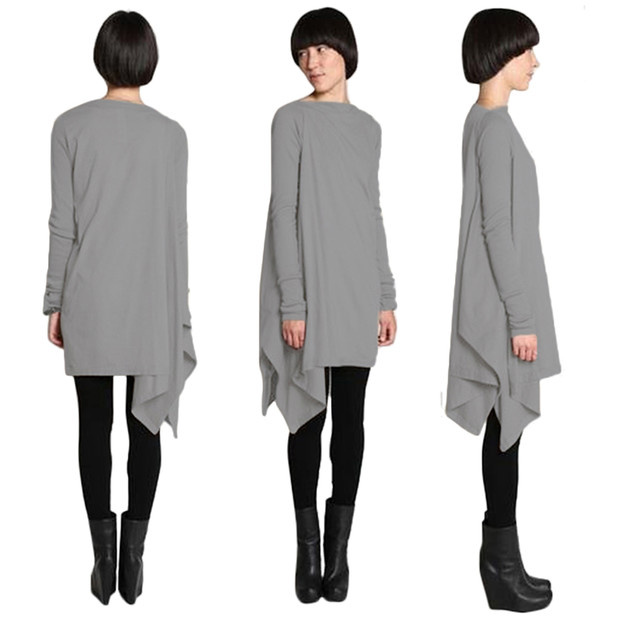 Simple Design Crew Neck Asymmetrical Hem Long Shirt