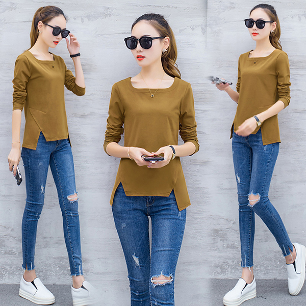 Casual Square Neck Split Solid Shirt