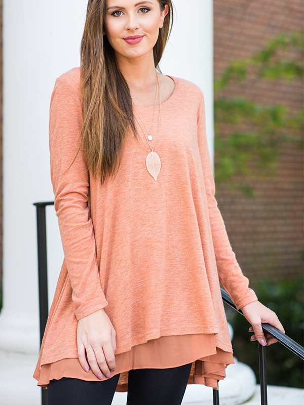 Simple Design Crew Neck Solid Pleated Long Shirt