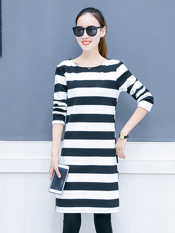 Fashion Casual Crew Neck Color Contrast Stripe Long Shirt