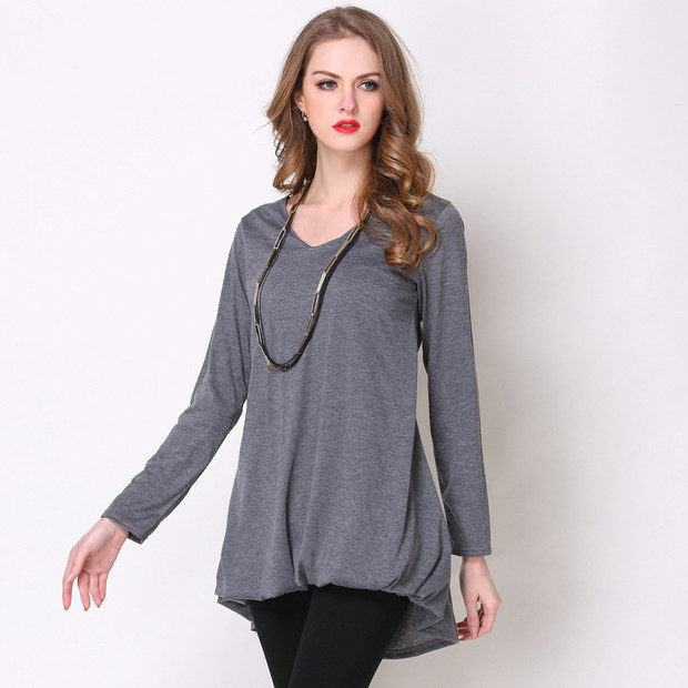 Asymmetrical Hem V Neck Gray Long T Shirt Design