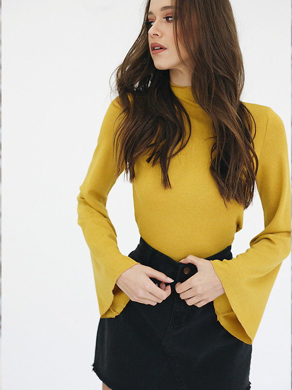 Trendy High Neck Flare Sleeve Solid Shirt