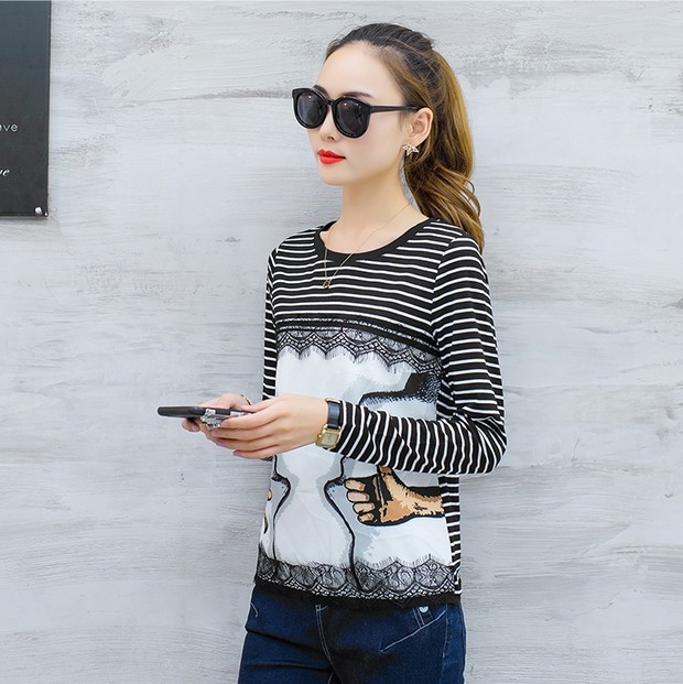 Easy Match Crew Neck Patchwork Stripe Printing Shirt