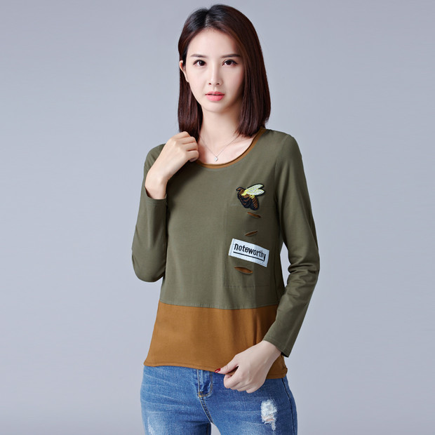 Easy Match Crew Neck Color Match Embroidery Shirt