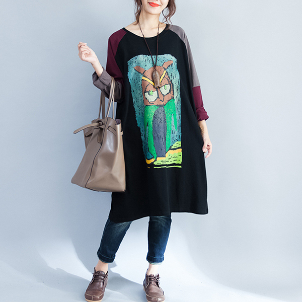 Casual Crew Neck Patchwork Cartoon Printing Long Shirt