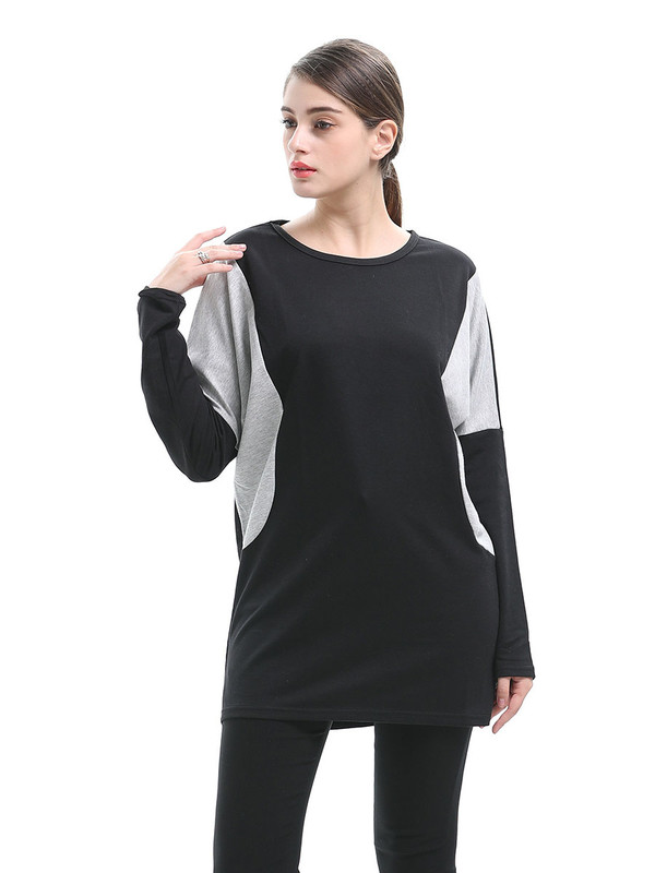 Contrast Color Bat Sleeve Women Long T Shirt