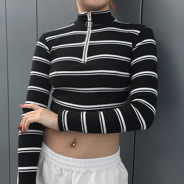 Zipper Up High Neck Stripe Crop Tee