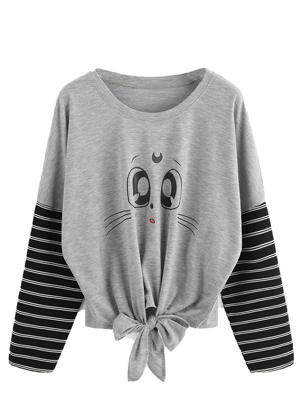 Lovely Crew Neck Little Cat Bandage Shirt