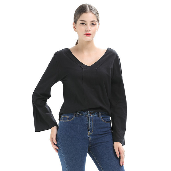 Solid Loose Long Sleeve V Neck T Shirt Design