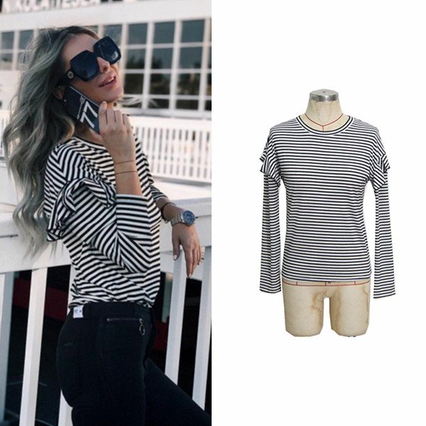 Easy Match Crew Neck Stripe Ruffles Shirt