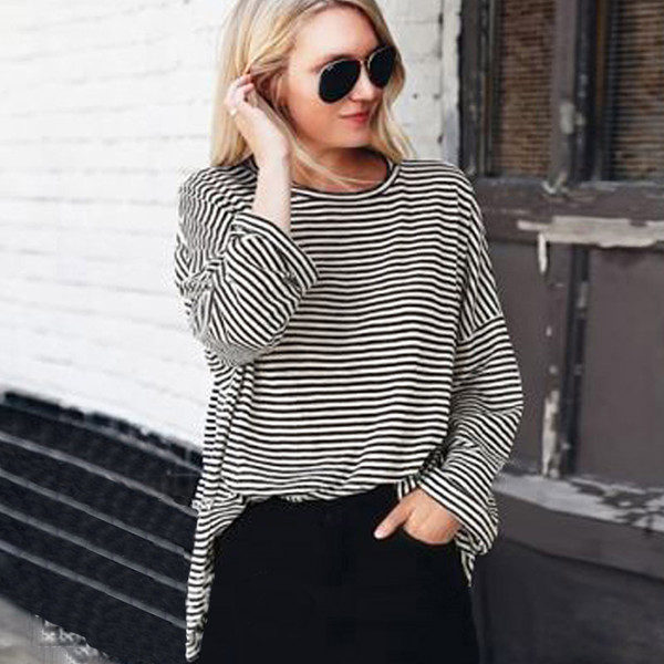 Casual Loose Long Sleeve Striped T Shirt For Women