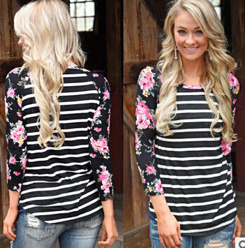 Hot Selling Stripe Flower Long Sleeve Tee