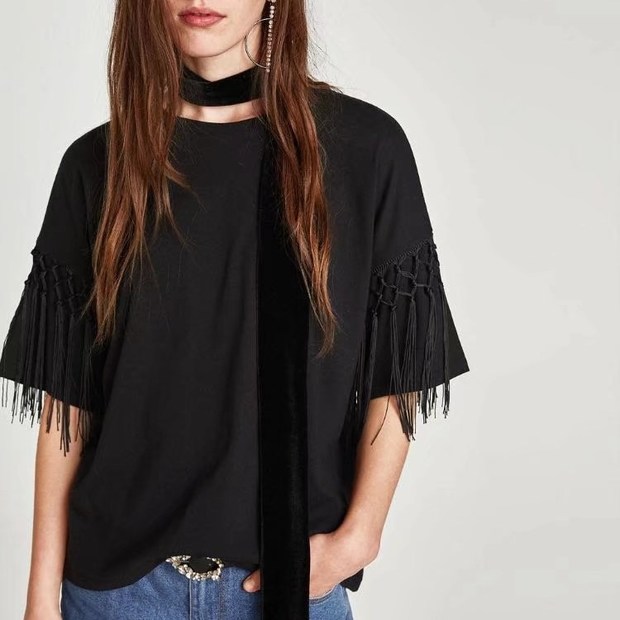 Fringe Decor Short Sleeve Black T Shirt Design(3-4 Days Delivery)