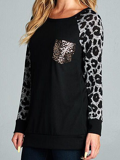 Leopard Long Sleeve Pocket Fashion Tee Shirt