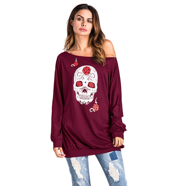 Sexy One Shoulder Skull Pattern Long Shirt