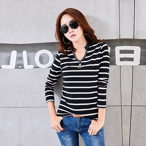 Contrast Color Stripe Long Sleeve Cheap Tee