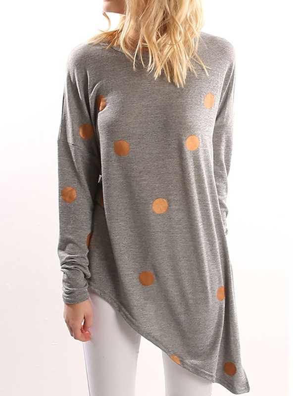 Stylish Crew Neck Polka Dots Asymmetrical Hem Shirt