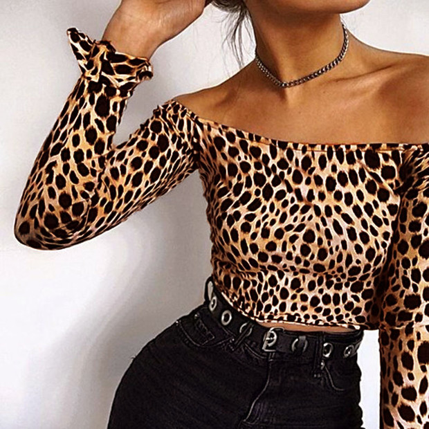 European Sexy Boat Neck Leopard Fitted Shirt