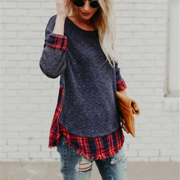 Fashion Crew Neck Patchwork Plaid Shirt