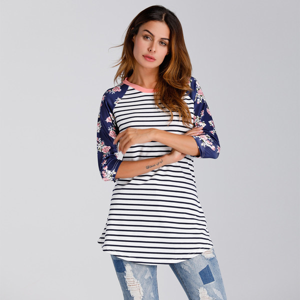 Striped Floral Patchwork Women T Shirt Design