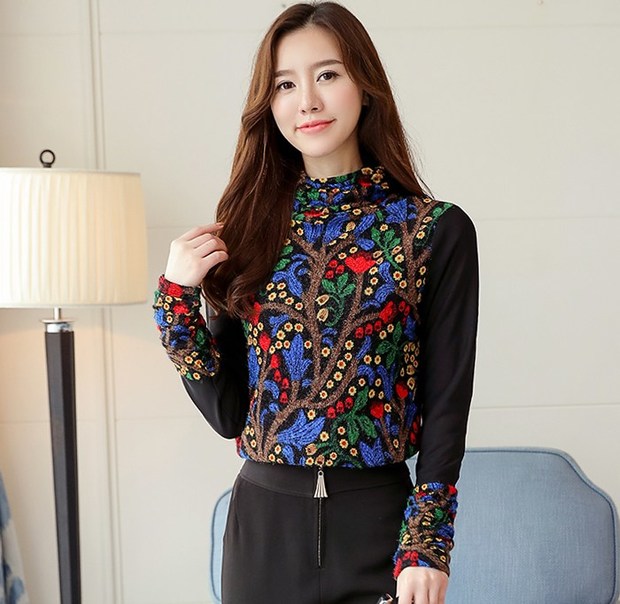 Easy Match High Neck Patchwork Flower Printing Shirt