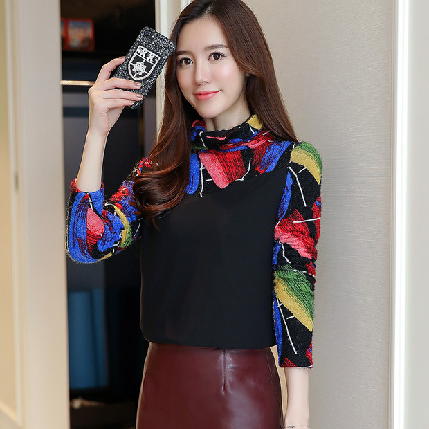 Korean Design Patchwork High Neck Colorful Printing Shirt