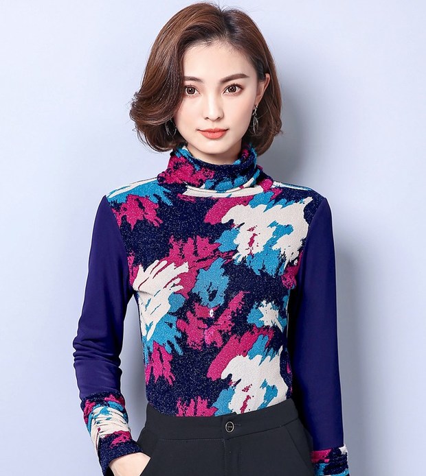 Fitted High Neck Color Pattern Shirt