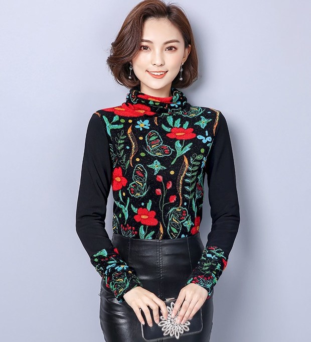 New Arrival High Neck Red Flower Printing Shirt