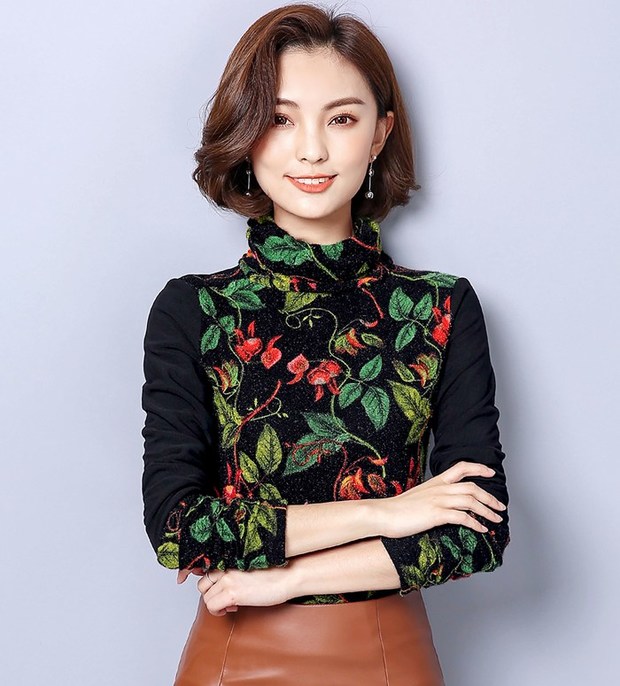 Fresh High Neck Leaves Pattern Patchwork Shirt