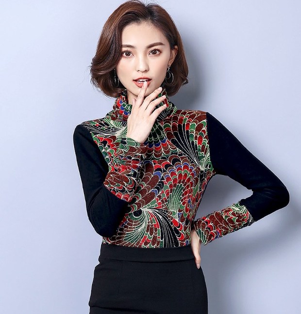 Vintage Style High Neck Color Feather Pattern Shirt