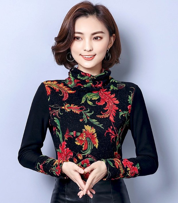 Newly High Neck Flower Printing Patchwork Shirt