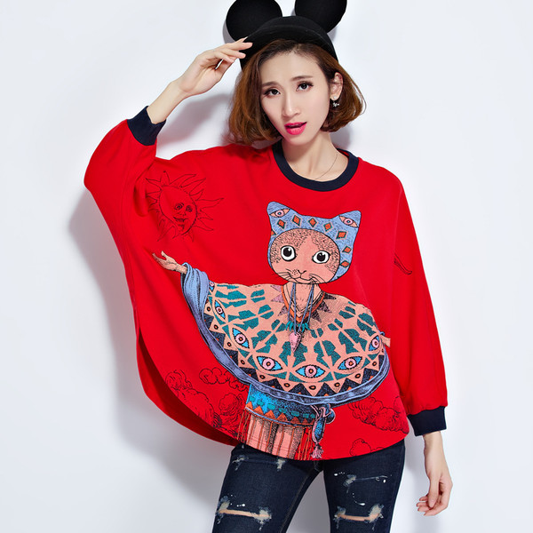 Funny Cartoon Printed Bat Sleeve Red T Shirt