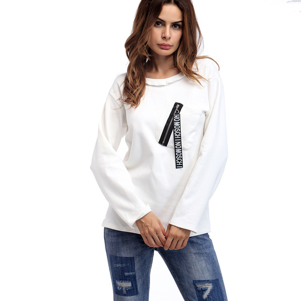 Letter Zipper Casual Women White T Shirt